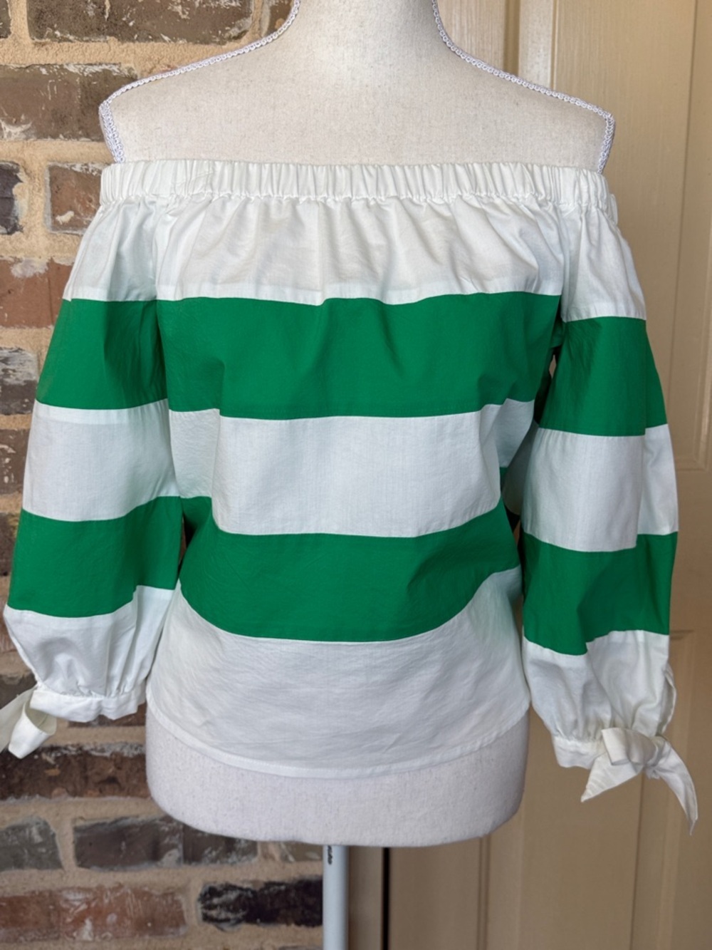 Jealous Tomato Off-Shoulder Green and White Striped Top Preppy Coastal Sz M